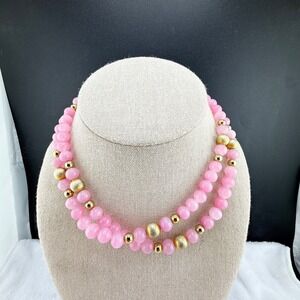 Vintage Sandra David Beaded Polished Stone Necklace Pink 29"‎